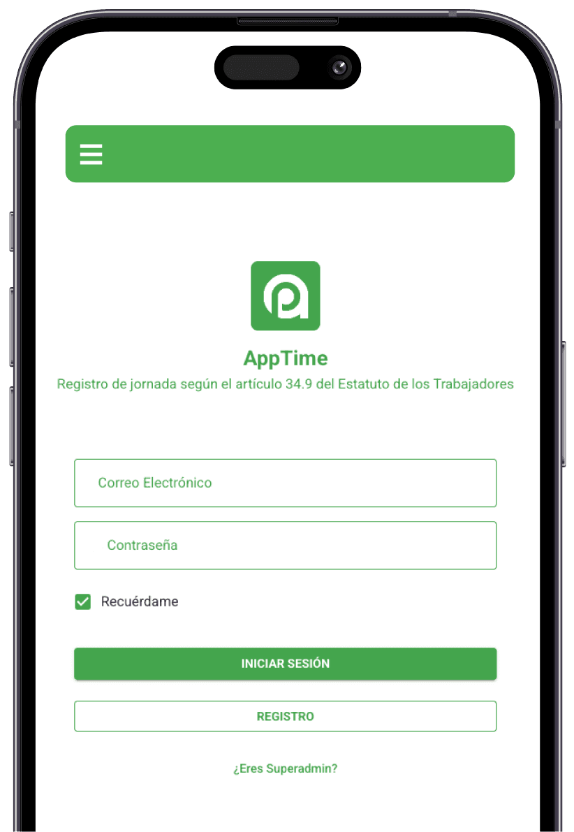 Apptime en iPhone — pantalla de inicio de sesión