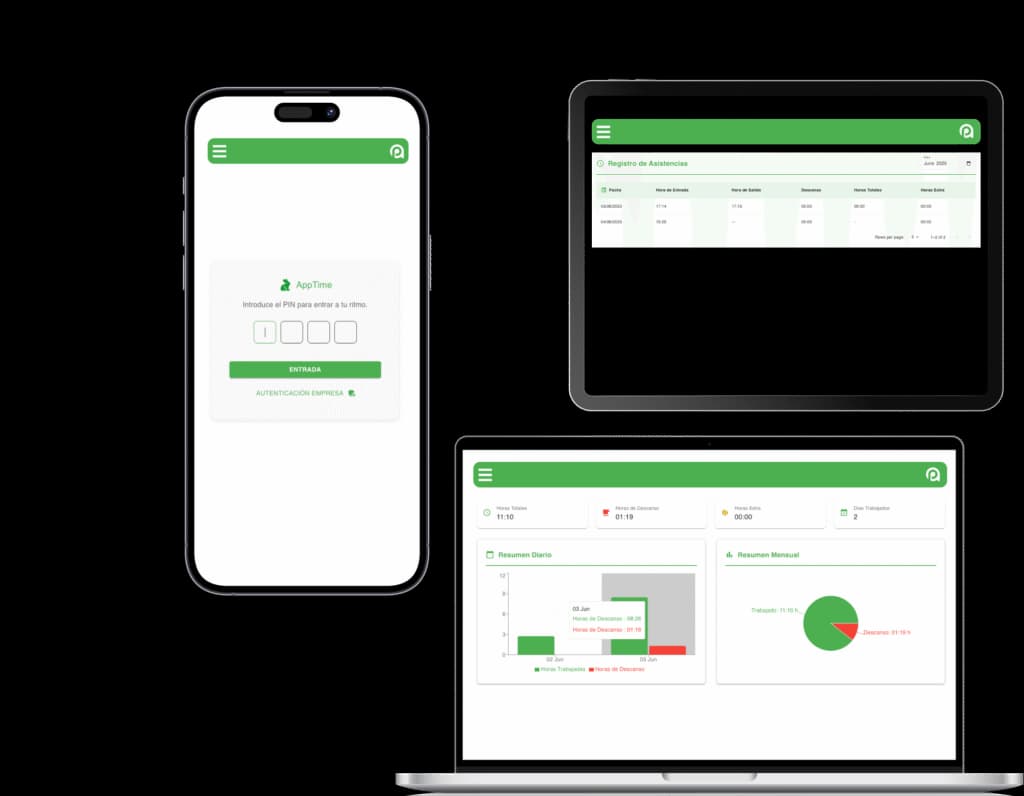 Apptime en móvil, tablet y escritorio: pantalla de fichaje, registro de asistencias y panel de control