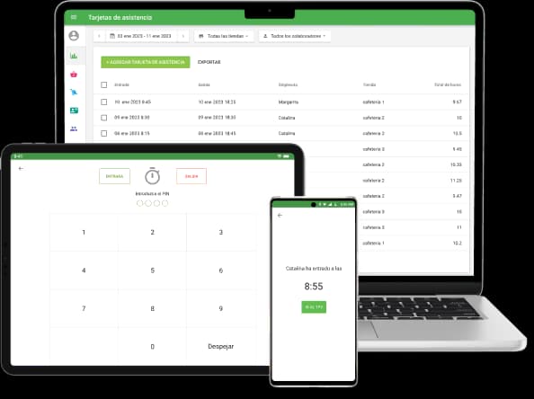Tarjetas de asistencia conectadas con el TPV — laptop, tablet con PIN y móvil con fichaje en vivo