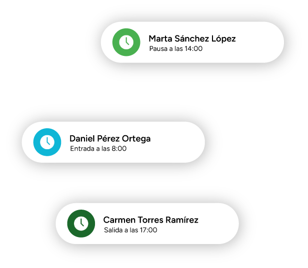 Notificaciones de fichaje de empleados con horas de entrada, pausa y salida en Apptime