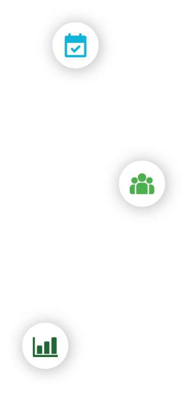 Iconos de calendario de fichaje, gestión de empleados y panel de estadísticas en Apptime