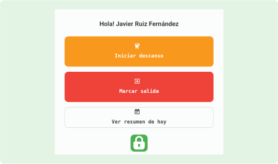 Interfaz para empleados con opciones de iniciar descanso, marcar salida y ver resumen diario